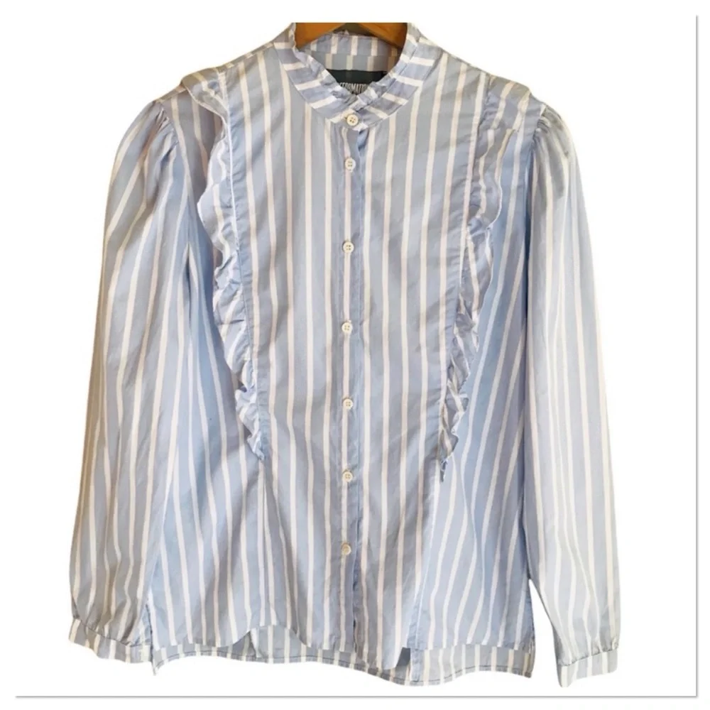Reformation Etta Top In Lydia Striped Ruffle Edge Button Up Front Blue Size L - Picture 4 of 10